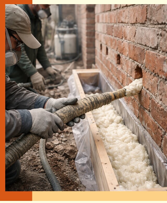 Заливка ППУ в пустоты кирпичной стены в асбесте