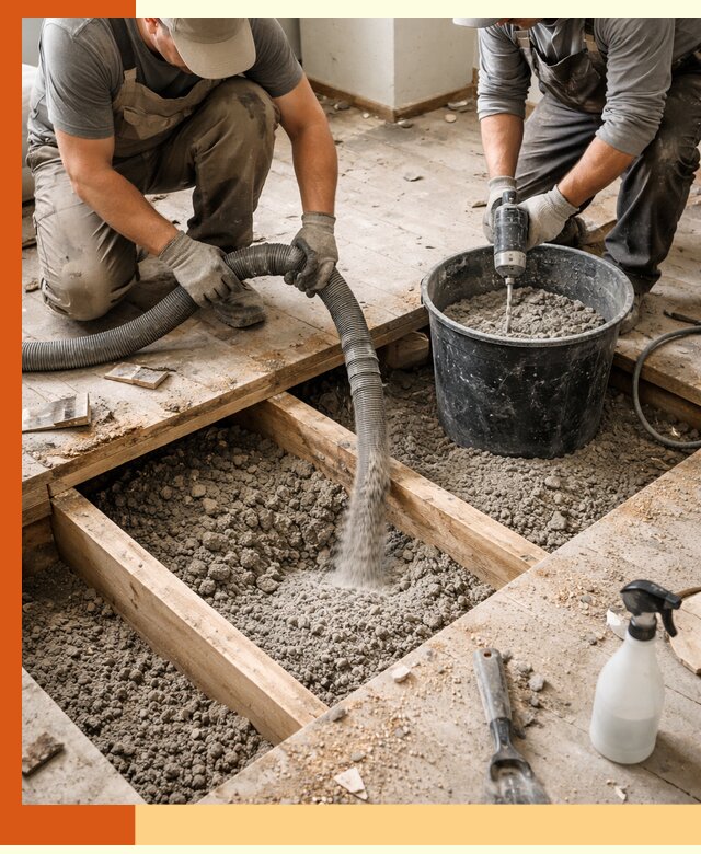 Заполнение пустот пола в асбесте полиуретаном и пенополистиролом