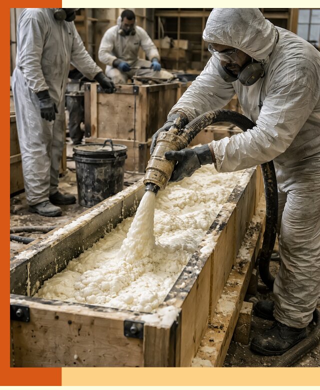 Заливка пенополиуретана в формы для утепления в асбесте