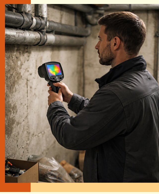 Тепловизионное обследование подвала в асбесте для поиска утечек тепла